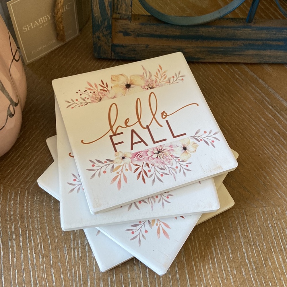 NEW! Shabby Chic Hello Fall Floral Autumn Harvest Ceramic Stoneware Coaster Set - Picture 10 of 10